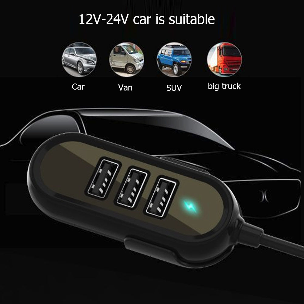 52W 5-Port Fast Car Charger with 2 Socket Plugs and 3 Extension Ports for Rear Passengers