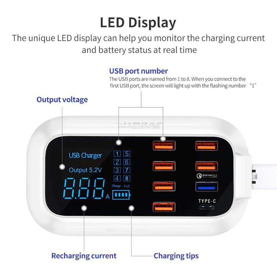 8 Ports Quick Charge 3.0 Desktop USB Charger with LED Display – Smart IC Technology, Type-C Port, Space-Saving Design