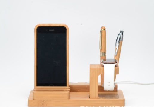 Bamboo Wooden Desk Phone Stand with Charging Dock, Apple Watch Mount & 4 USB Ports - Perfect for Work and Home Offices