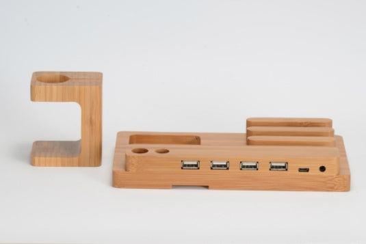 Bamboo Wooden Desk Phone Stand with Charging Dock, Apple Watch Mount & 4 USB Ports - Perfect for Work and Home Offices