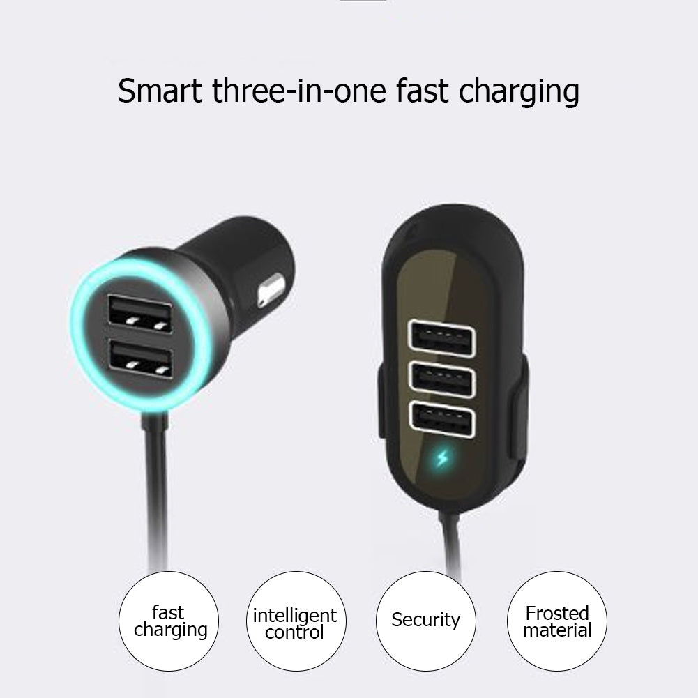 52W 5-Port Fast Car Charger with 2 Socket Plugs and 3 Extension Ports for Rear Passengers