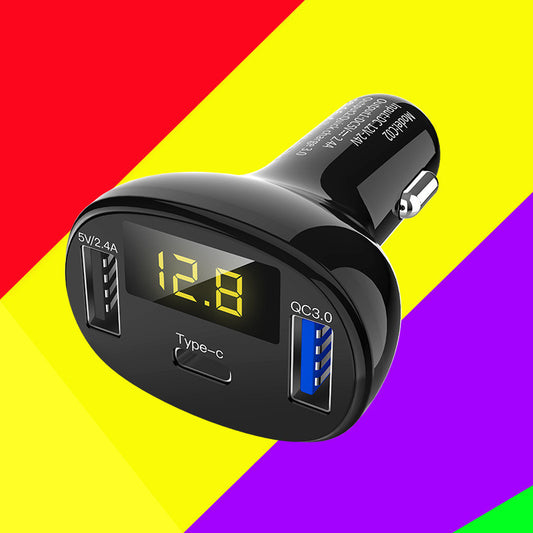 3-Port Fast Car Charger with Voltage Display, 2 USB-A Ports & 1 USB-C Port