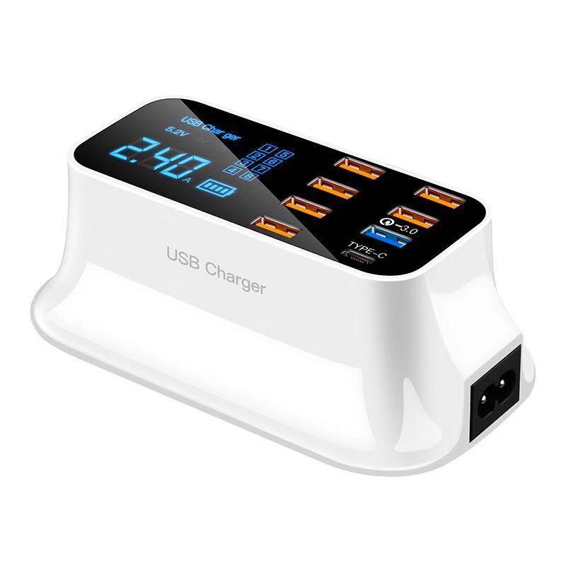 8 Ports Quick Charge 3.0 Desktop USB Charger with LED Display – Smart IC Technology, Type-C Port, Space-Saving Design