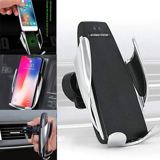 Stylish Automatic Adjustable 15W Car Phone Holder & Wireless Charger – Leather & Metal Finish, Auto Mounting, Wireless Charging Receiver Included