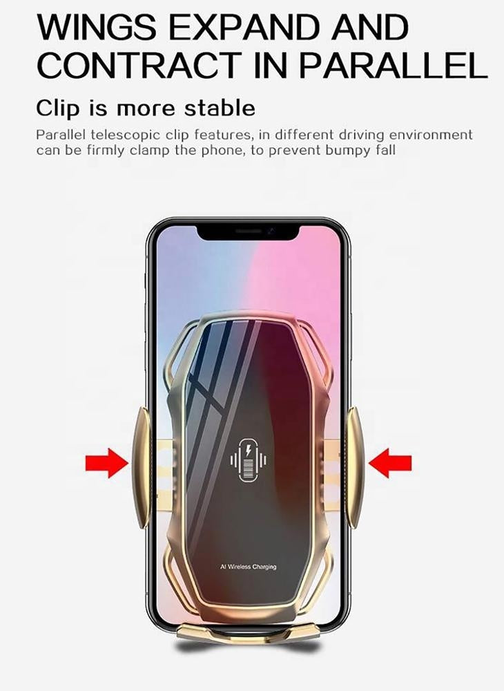 Stylish Automatic Adjustable 15W Car Phone Holder & Wireless Charger – Leather & Metal Finish, Auto Mounting