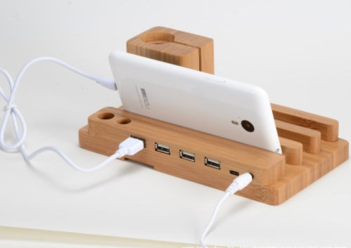 Bamboo Wooden Desk Phone Stand with Charging Dock, Apple Watch Mount & 4 USB Ports - Perfect for Work and Home Offices