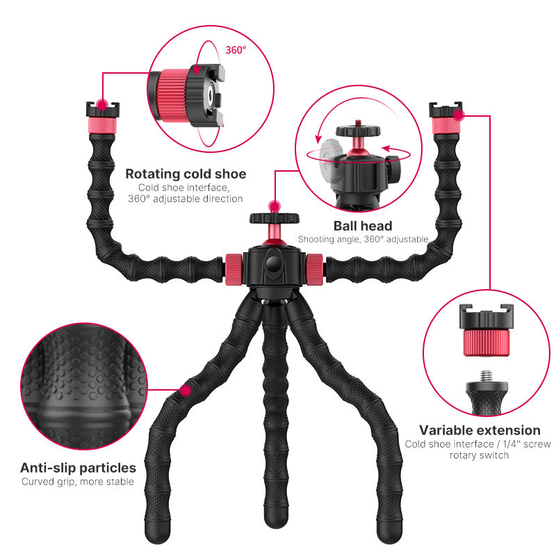 Tri-Head Octopus Style Tripod for Phones, Cameras, GoPros – Perfect for Live Streaming, Vlogging, and Street Video Shooting