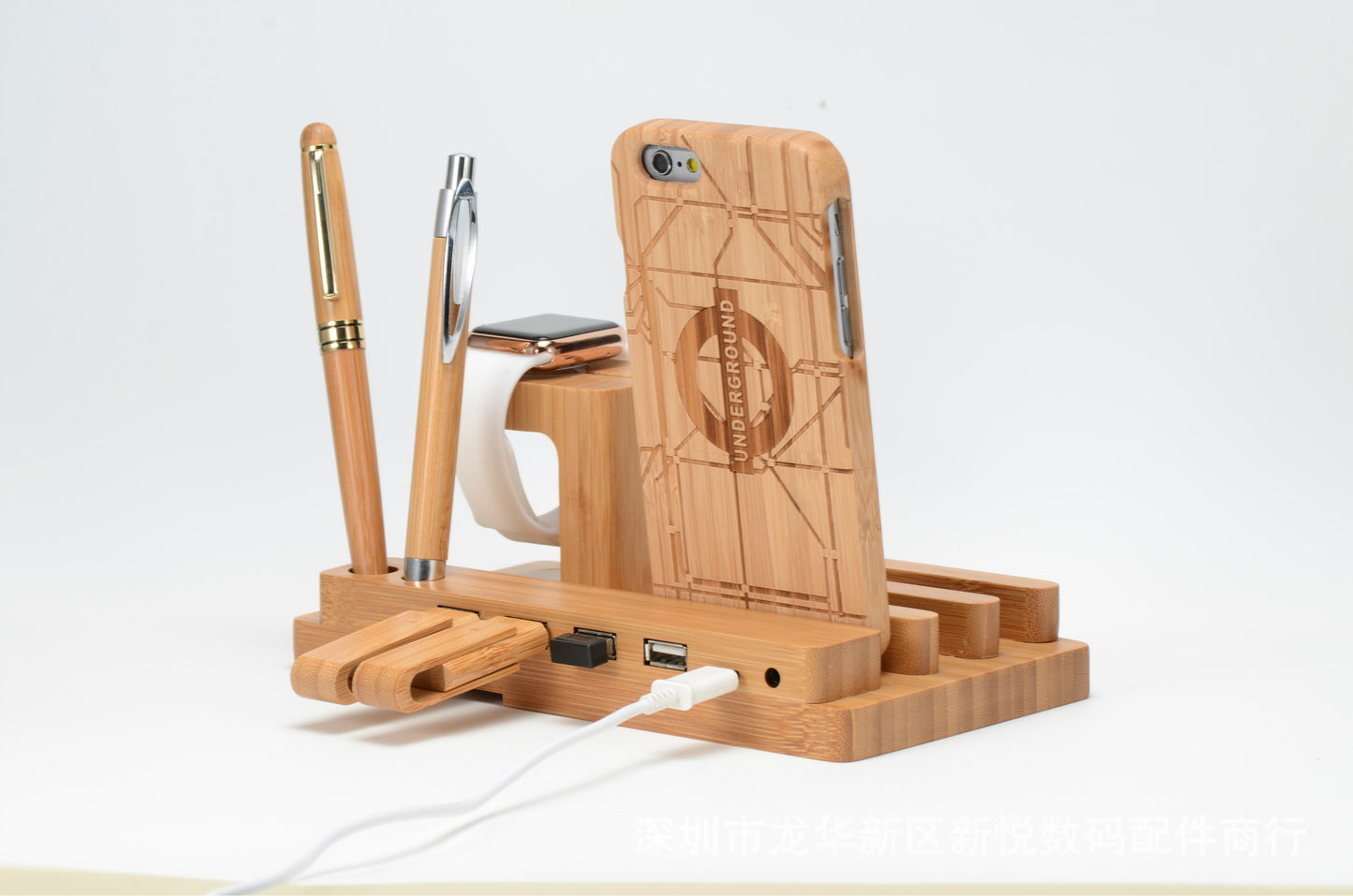 Bamboo Wooden Desk Phone Stand with Charging Dock, Apple Watch Mount & 4 USB Ports - Perfect for Work and Home Offices