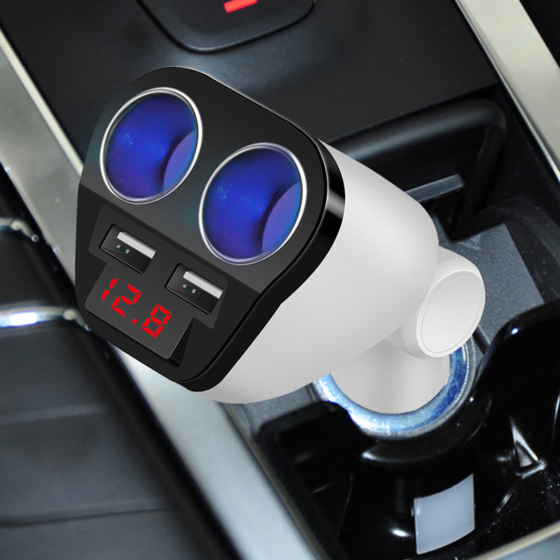 2-USB Port Fast Car Charger with 2 Extended 12V Sockets & Voltage Display