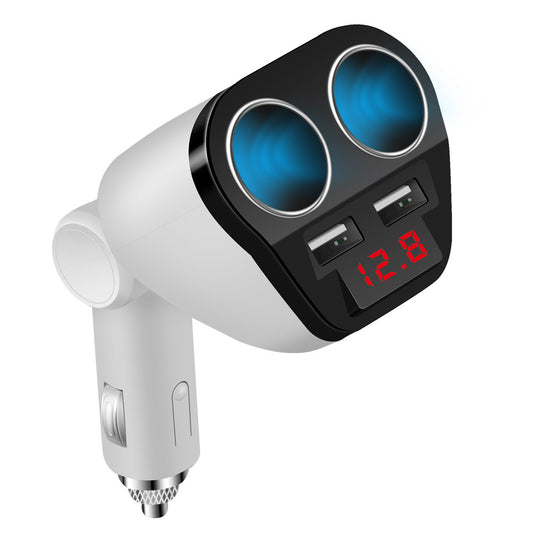 2-USB Port Fast Car Charger with 2 Extended 12V Sockets & Voltage Display