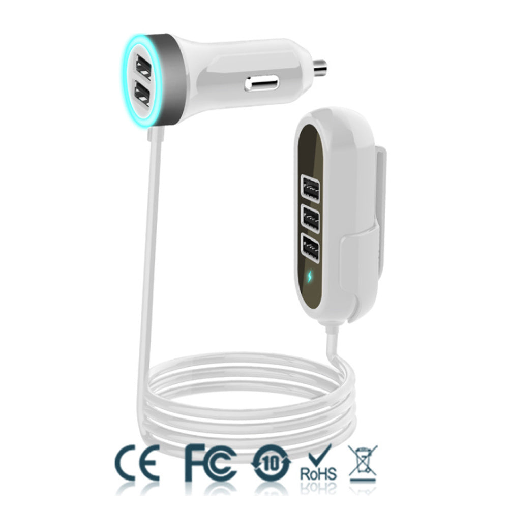 52W 5-Port Fast Car Charger with 2 Socket Plugs and 3 Extension Ports for Rear Passengers