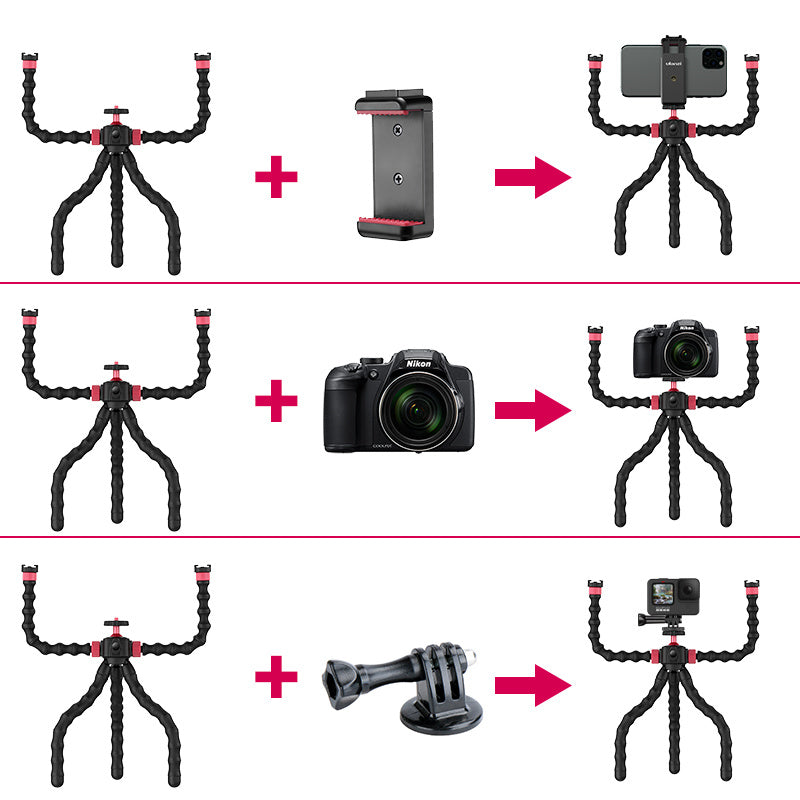 Tri-Head Octopus Style Tripod for Phones, Cameras, GoPros – Perfect for Live Streaming, Vlogging, and Street Video Shooting