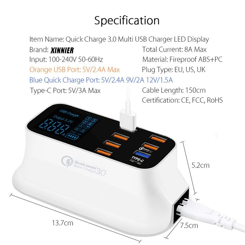 8 Ports Quick Charge 3.0 Desktop USB Charger with LED Display – Smart IC Technology, Type-C Port, Space-Saving Design