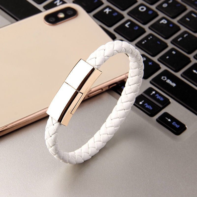 Bracelet Style Data Cable – Stylish Leather Charging Bracelet with Zinc Alloy Connectors (Android, iPhone, Type-C)