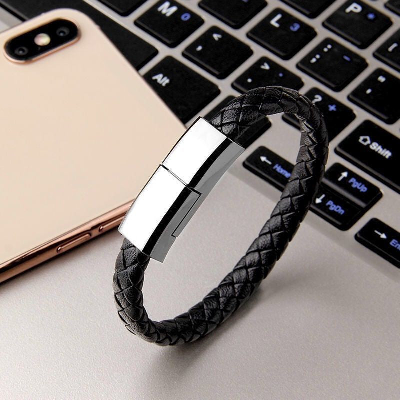 Bracelet Style Data Cable – Stylish Leather Charging Bracelet with Zinc Alloy Connectors (Android, iPhone, Type-C)