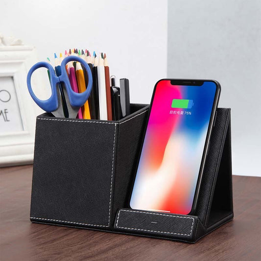 3-in-1 Wireless Charging Stand with Leather Pen Holder – Fast Charging & Smart Battery Protection for Desk Organization