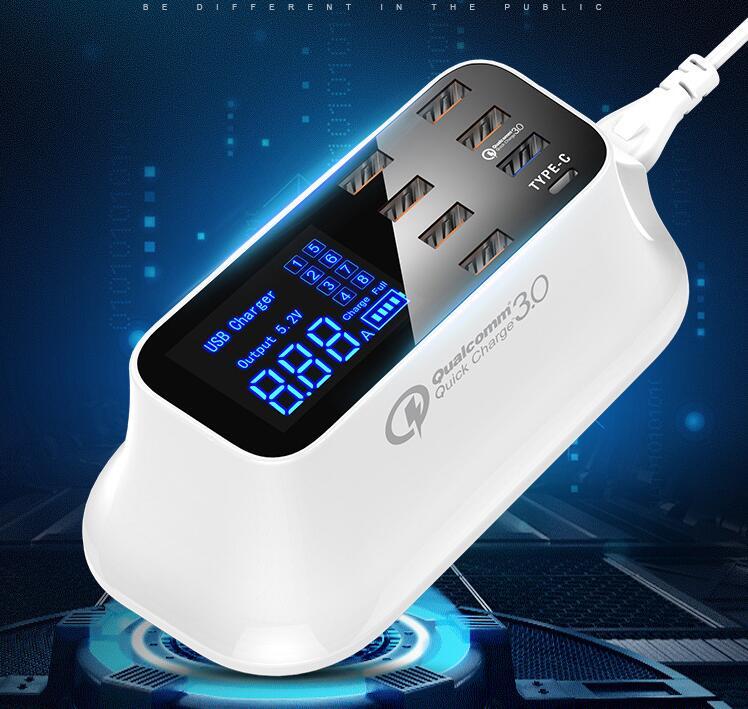 8 Ports Quick Charge 3.0 Desktop USB Charger with LED Display – Smart IC Technology, Type-C Port, Space-Saving Design