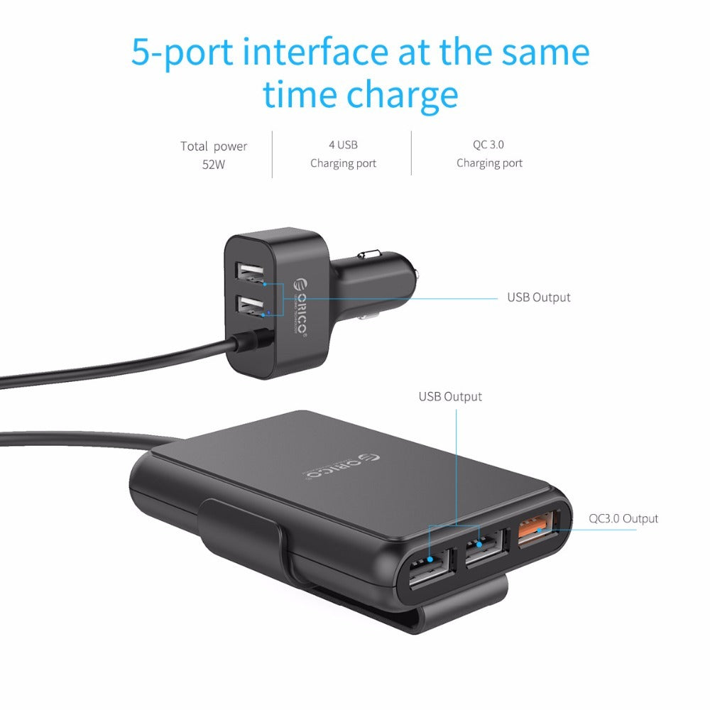 52W 5-Port Fast Car Charger with 2 Socket Plugs and 3 Extension Ports for Rear Passengers