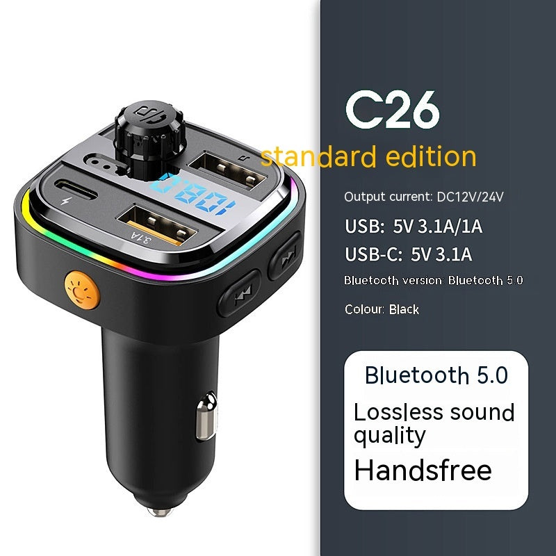 3-Port Car Charger with 2 USB-A Ports, 1 USB-C Port, Bluetooth & FM Transmission for Cars Without Bluetooth