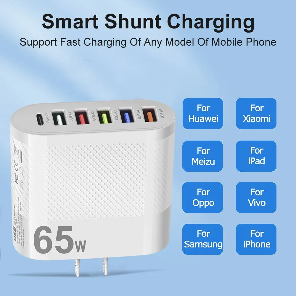 GUSEYEE 5-USB + Type-C Travel Charger – 65W Multi-Port Fast Charging Hub for Mobile & Tablets