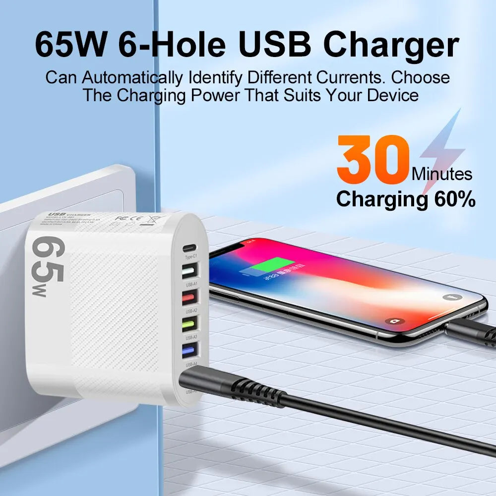 GUSEYEE 5-USB + Type-C Travel Charger – 65W Multi-Port Fast Charging Hub for Mobile & Tablets