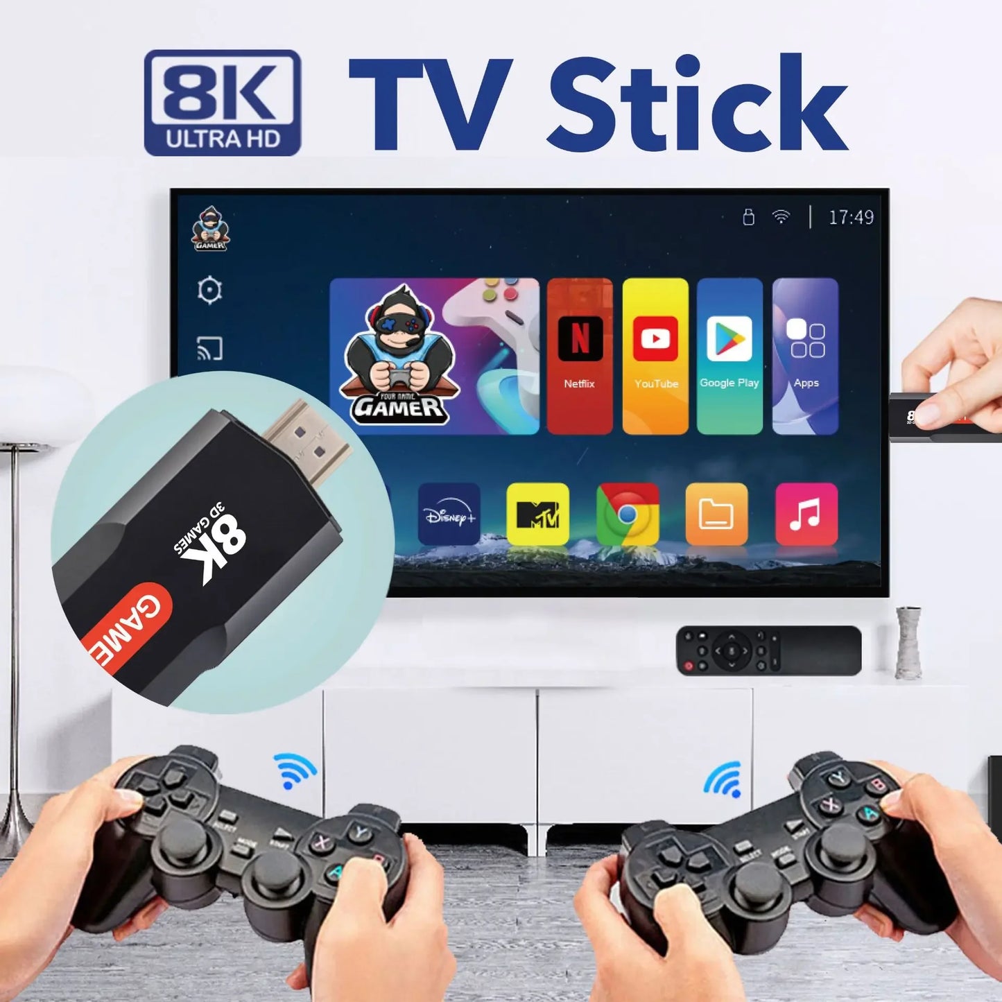 Smart Android TV Streaming Stick with 10,000 Retro Games & Dual Controllers – 8K UHD, Android 11.1