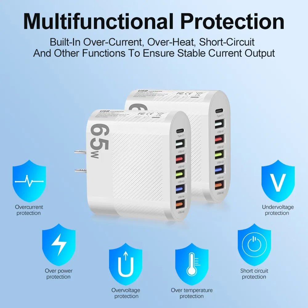 GUSEYEE 5-USB + Type-C Travel Charger – 65W Multi-Port Fast Charging Hub for Mobile & Tablets