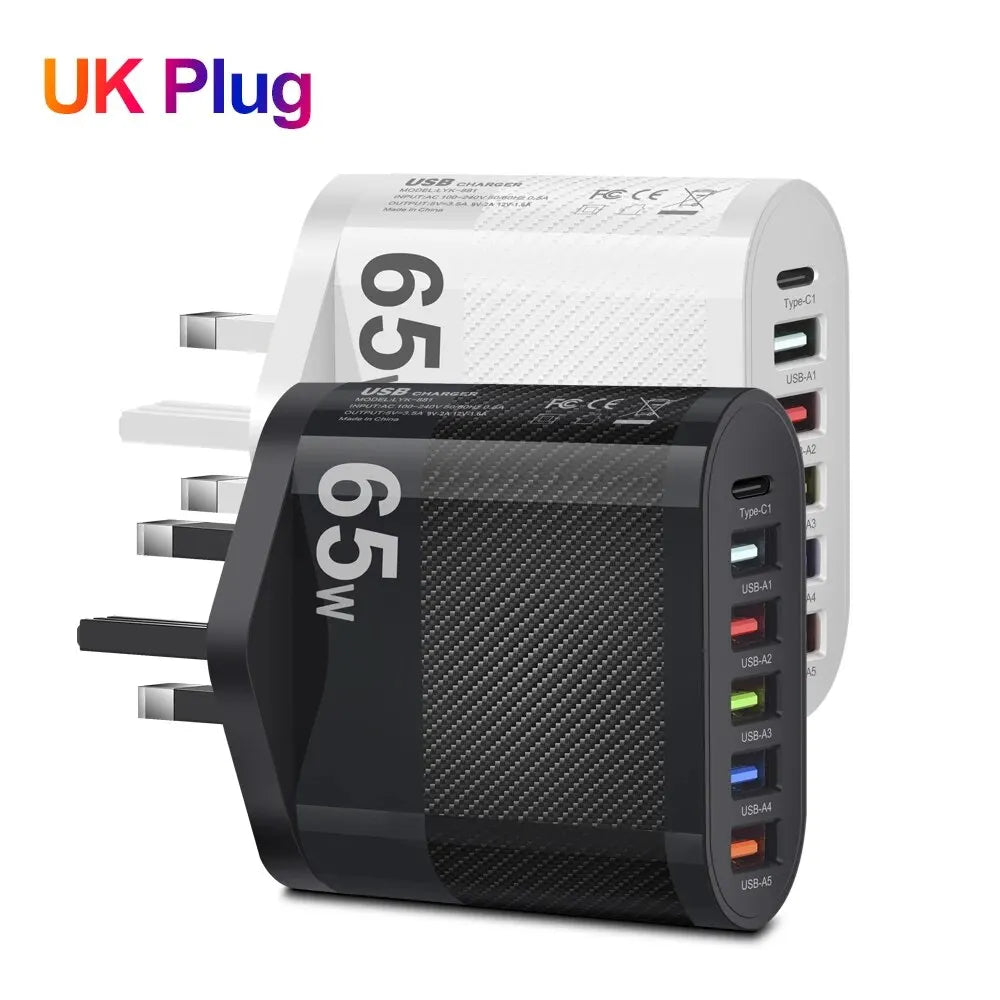 GUSEYEE 5-USB + Type-C Travel Charger – 65W Multi-Port Fast Charging Hub for Mobile & Tablets