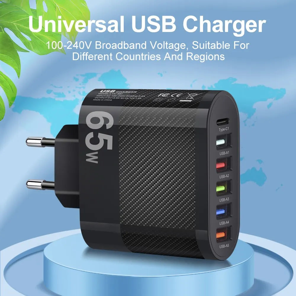 GUSEYEE 5-USB + Type-C Travel Charger – 65W Multi-Port Fast Charging Hub for Mobile & Tablets