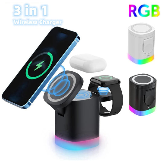 3-in-1 MagSafe Wireless Charging Station with RGB – Fast Charging for iPhone, Apple Watch,iWatch & AirPods