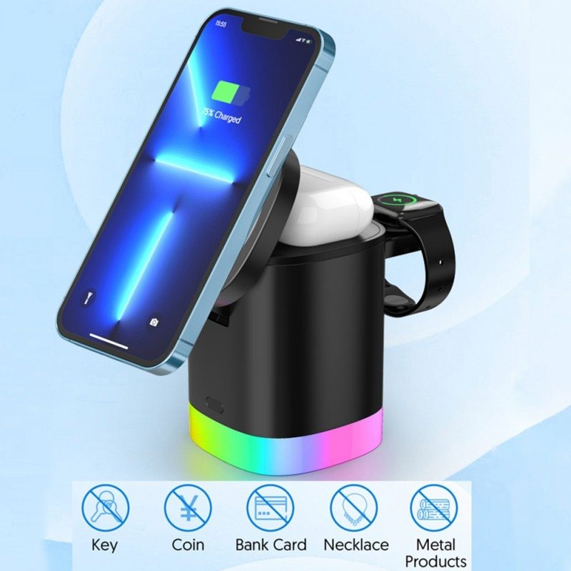 3-in-1 MagSafe Wireless Charging Station with RGB – Fast Charging for iPhone, Apple Watch,iWatch & AirPods