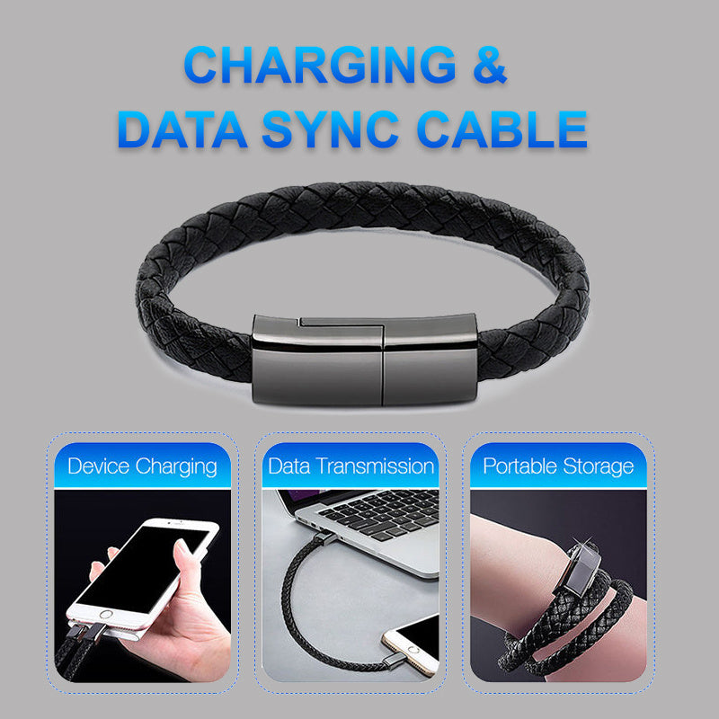 Bracelet Style Data Cable – Stylish Leather Charging Bracelet with Zinc Alloy Connectors (Android, iPhone, Type-C)