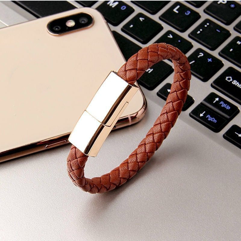 Bracelet Style Data Cable – Stylish Leather Charging Bracelet with Zinc Alloy Connectors (Android, iPhone, Type-C)